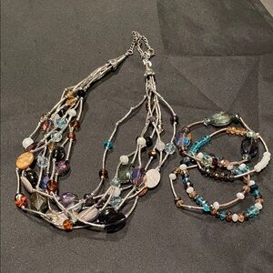 Elegant Multi-Strand Silver Necklace and Bracelet Set